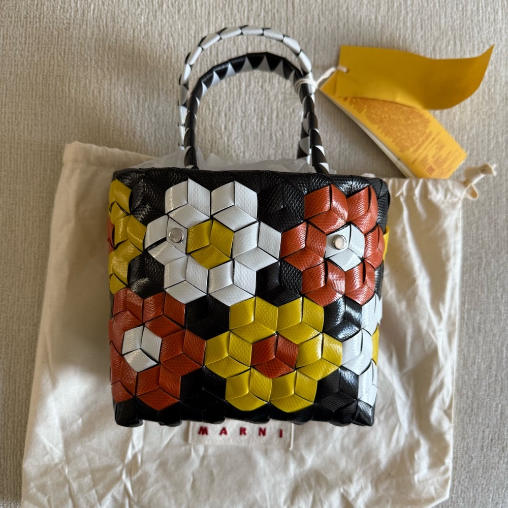 Marni Geometric Black, White, Yellow, and Orange woven Tote bag wicker purse - Picture 2 of 6
